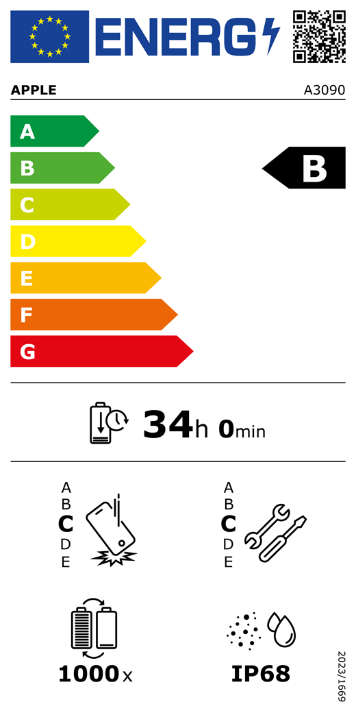 QR kód a informace na energetickém štítku EU, model Apple A3090, třída B, třídy energetické účinnosti (se stupnicí od A do G), A (nejvyšší účinnost) až G (nejnižší účinnost), výdrž baterie na jeden cyklus, 34 hodin a 0 minut na plné nabití baterie, třída spolehlivosti při opakovaném volném pádu C, A (nejvyšší odolnost) až E (nejnižší odolnost), třída opravitelnosti C, A (nejlepší opravitelnost) až E (nejhorší opravitelnost), životnost baterie 1000 cyklů, stupeň ochrany proti vniknutí prachu a vody (IP) IP68, nařízení 2023/1669