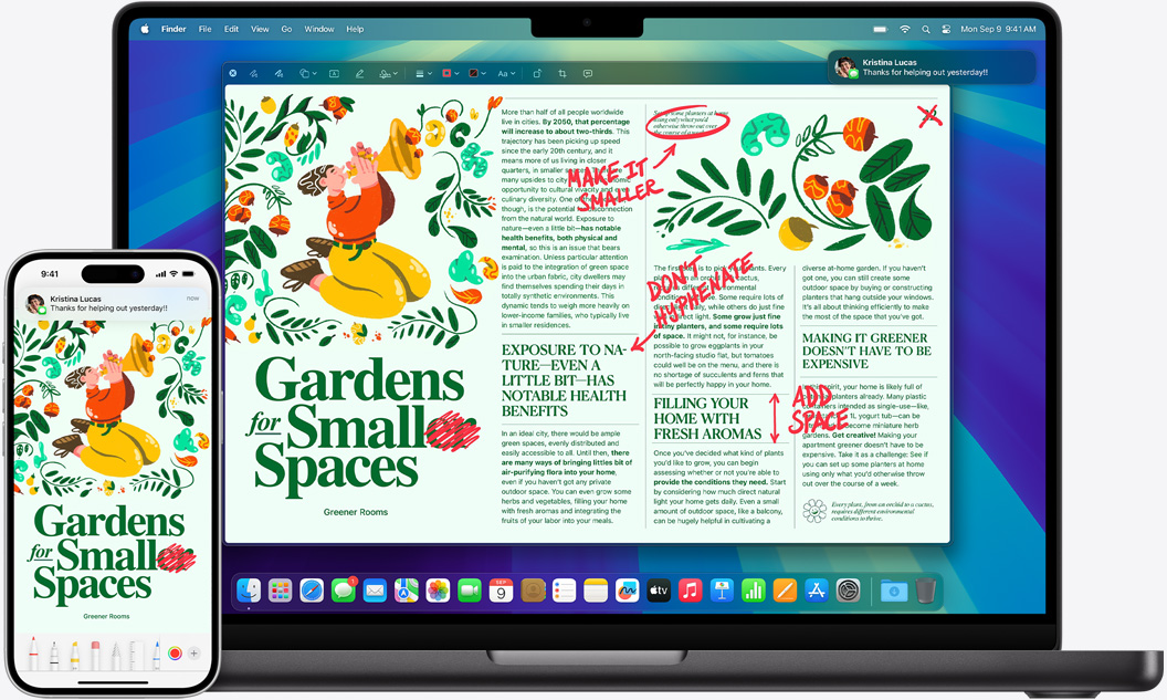 Stejná konverzace otevřená na MacBooku Pro a na iPhonu 16.