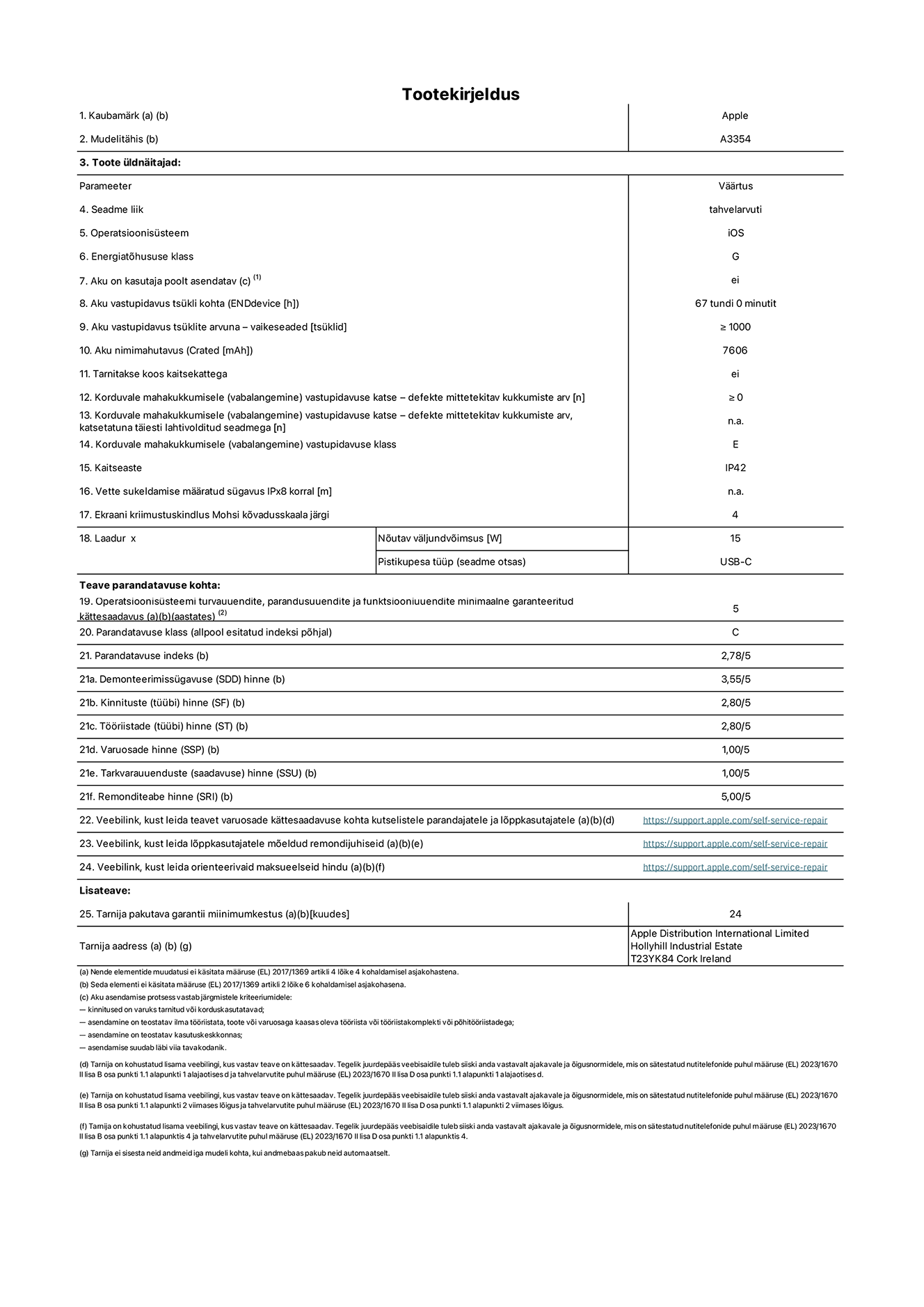 Toote iPad Wi-Fi, mudeli A3354 infoleht. Tarnija on Apple Distribution International Limited, Hollyhill Industrial Estate. Cork, Ireland T23 YK84. Seadme tüüp: tahvelarvuti. Operatsioonisüsteem: iOS. Energiatõhususklass: G. Aku vahetatav kasutajale: ei. Aku vastupidavus: 67 tundi. Aku kestvustsüklid – vaikesätted: ≥ 1000. Akumaht: 7606 mAh. Korduv vabalangemise usaldusväärsustest – kukub ilma defektita: ≥ 0. Korduv vabalangemise usaldusväärsusklass: E. Tolmu- ja veekindluse kaitse hinnang: IP42. Ekraani kriimustuskindlus Mohsi kõvaduse skaalal: 4. Laadija nõutav väljundvõimsus: 15W. Laadija tüüp: USB-C. Opsüsteemi turva-, korrektiiv- ja funktsionaalsusvärskenduste minimaalne tagatud saadavus: 5 aastat. Parandatavusklass: C. Parandatavusindeks: 2,78/5. Lahtivõtmise sügavuse hinne: 3,55/5. Kinnitusdetailide hinne: 2,80/5. Tööriistade hinne: 2,80/5. Varuosade hinne: 1,00/5. Tarkvaravärskenduste hinne: 1,00/5. Parandusteabe hinne: 5,00/5. Teave varuosade kättesaadavuse kohta professionaalsetele parandajatele ja lõppkasutajatele: _https://support.apple.com/self-service-repair_. Parandusjuhised lõppkasutajatele: _https://support.apple.com/self-service-repair_. Soovituslikud maksueelsed hinnad: _https://support.apple.com/self-service-repair_. 24-kuune üldgarantii.