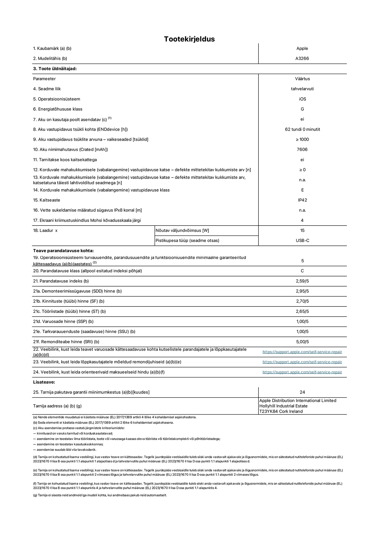 11-tollise iPad Air Wi-Fi toote infoleht. Mudel A3266. Tarnija on Apple UK Ltd, 100 New Bridge Street, London EC4V 6JA. Seadme tüüp: tahvelarvuti. Operatsioonisüsteem: iOS. Standard Dynamic Range'i energiatõhususklass: G. Aku vastupidavus: 62 tundi. Aku kestvustsüklid – vaikesätted: ≥ 1000. Akumaht: 7606 mAh. Korduv vabalangemise usaldusväärsustest – kukub ilma defektita: ≥ 0. Korduv vabalangemise usaldusväärsusklass: E. Tolmu- ja veekindluse kaitse hinnang: IP42. Ekraani kriimustuskindlus Mohsi kõvaduse skaalal: 4. Laadija nõutav väljundvõimsus: 15W. Laadija tüüp: USB-C. Opsüsteemi turbe-, parandus- ja funktsionaalsusvärskenduste minimaalne tagatud saadavus: 5 aastat. Parandatavusklass: C. Parandatavusindeks: 2,59/5. Lahtivõtmise sügavuse hinne: 2,95/5. Kinnitusdetailide (tüüp) hinne: 2,70/5. Tööriistade hinne: 2,65/5. Varuosade hinne: 1,00/5. Tarkvaravärskenduste hinne: 1,00/5. Parandusteabe hinne: 5,00/5. Teave varuosade kättesaadavuse kohta professionaalsetele parandajatele ja lõppkasutajatele: https://support.apple.com/self-service-repair. Parandusjuhised lõppkasutajatele: https://support.apple.com/self-service-repair. Soovituslikud maksueelsed hinnad: https://support.apple.com/self-service-repair. 24-kuune üldgarantii.