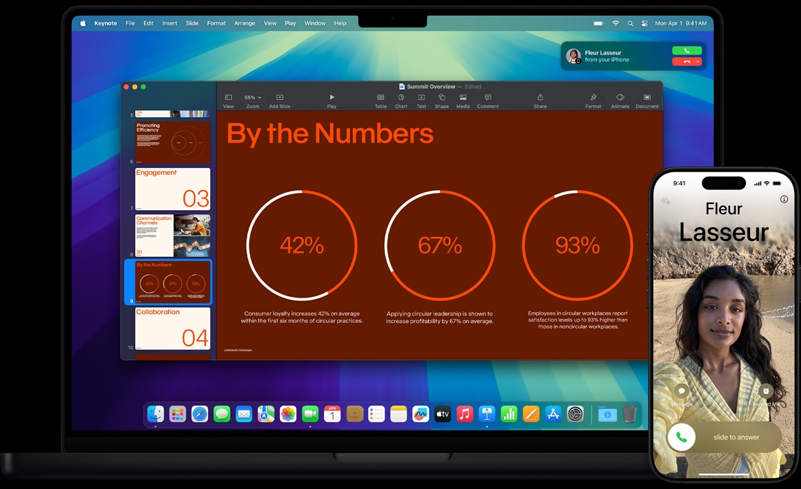 MacBook Pro iPhone'i kõrval, kasutaja saab MacBook Pro ekraanil teate sissetuleva kõne kohta
