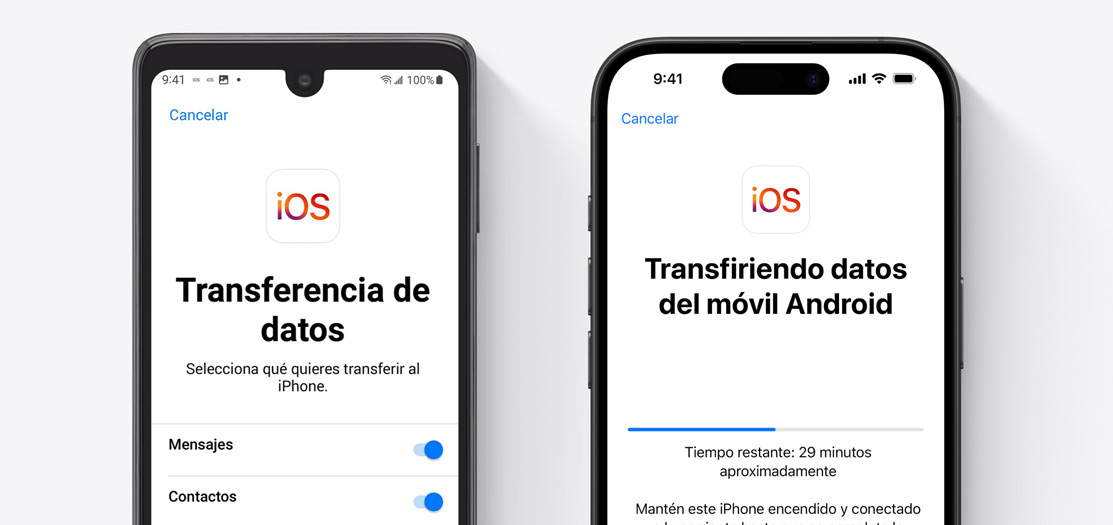 Pantalla de un dispositivo Android y pantalla de un iPhone 16 que muestran la transferencia de datos