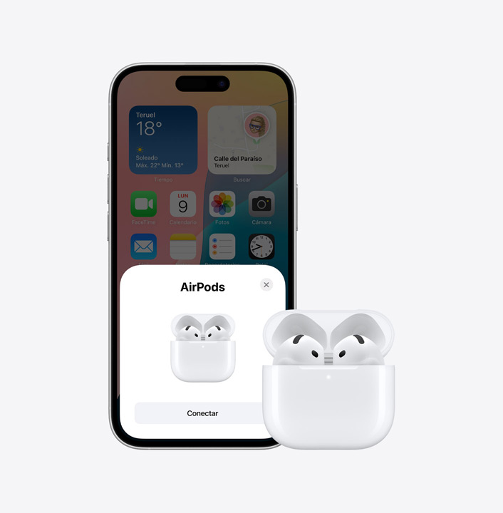 Un iPhone 16 junto con un par de AirPods