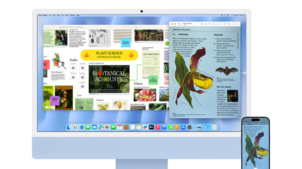 Un iMac et un iPhone affichent des contenus colorés.