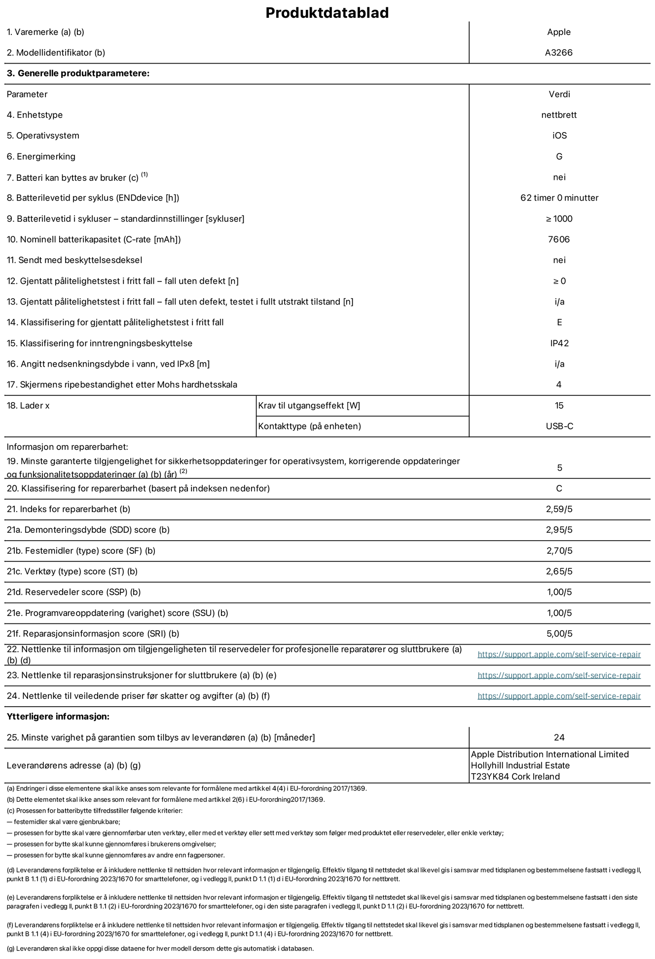 Produktdatablad for 11-tommers iPad Air Wi‑Fi – modell A3266. Levert av Apple UK Ltd, 100 New Bridge Street, London EC4V 6JA. Enhetstype: nettbrett. Operativsystem: iOS. Energieffektivitetsklasse for standard dynamisk omfang: G. Batteriets holdbarhet: 62 timer. Batteriets holdbarhet i antall ladesykluser: ≥ 1000. Nominell batterikapasitet: 7606 mAh. Holdbarhetstest ved gjentatte fall – antall fall uten feil: ≥ 0. Holdbarhetsklasse ved gjentatte fall: E. Kapslingsgrad: IP42. Skjermens ripefasthet på Mohs skala: 4. Krav til laderens utgangseffekt: 15 watt. Laderens stikkontakt: USB-C. Minstegaranti for tilgang på sikkerhetsoppdateringer, feilrettinger og funksjonsoppdateringer til operativsystemet: 5 år. Reparerbarhetsklasse: C. Reparerbarhetsindeks: 2,59/5. Demontering: 2,95/5. Festeanordninger (type): 2,70/5. Verktøy: 2,65/5. Reservedeler: 1,00/5. Programvareoppdateringer: 1,00/5. Informasjon om reparasjon: 5,00/5. Lenke til informasjon om tilgjengelighet for reservedeler for profesjonelle reparatører og sluttbrukere: https://support.apple.com/self-service-repair. Lenke til reparasjonsveiledning for sluttbrukere: https://support.apple.com/self-service-repair. Lenke til veiledende priser ekskl. mva: https://support.apple.com/self-service-repair. Produktet omfattes av en 24-måneders generell garanti.
