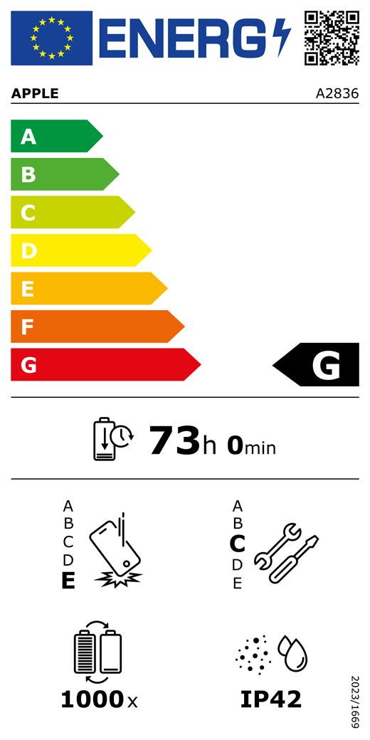 EU-Energielabel, QR Code und Informationen, Apple Modell A2836, Klasse G, Energieeffizienzklassen (auf einer Skala von A bis G), A (am effizientesten) bis G (am wenigsten effizient), Batterielaufzeit pro Zyklus, 73 Stunden und 0 Minuten pro voller Batterieladung, Sturzfestigkeit Klasse E für wiederholten freien Sturz, A (am robustesten) bis E (am wenigsten robust), Reparierbarkeit der Klasse C, A (am besten reparierbar) bis E (am wenigsten reparierbar), Batteriehaltbarkeit 1.000 Ladezyklen, Schutzart gegen Eindringen von Staub und Wasser (IP) IP42, Verordnung 2023/1669