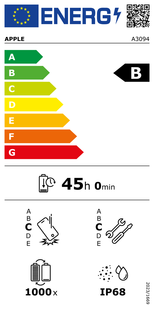 Étiquette énergétique de l’UE, code QR et informations, modèle Apple A3094, classe B, classes d’efficacité énergétique (échelle allant de A à G), A (la plus élevée) à G (la plus basse), endurance de la batterie par cycle, 45 heures et 0 minute par charge complète de la batterie, résistance aux chutes répétées de classe C, A (plus résistante) à E (moins résistante), réparabilité de classe C, A (plus réparable) à E (moins réparable), endurance de la batterie de 1 000 cycles, indice de protection IP68 pour la poussière et l’eau, règlement 2023/1669