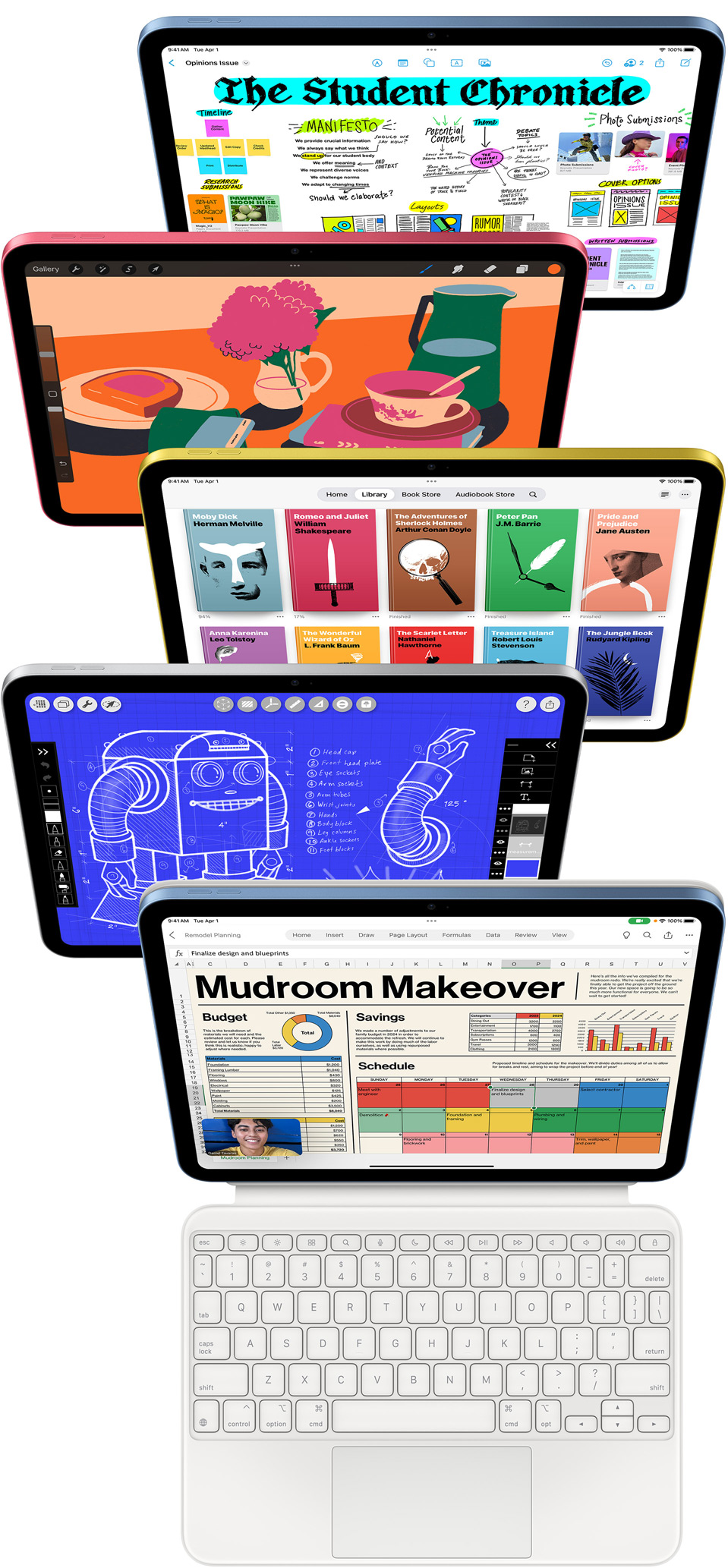 Vorderansicht von iPad Displays, die mehrere verschiedene Apps anzeigen, darunter Freeform, ProCreate, Bücher, iMovie und Microsoft Excel mit Webex Meetings.