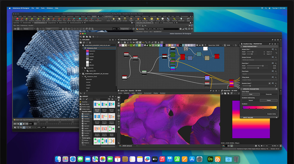 Adobe Substance 3D Designer, Houdini und Redshift werden auf dem Display gezeigt und verwendet, um auf einem M4 Max Mac Studio etwas zu bearbeiten