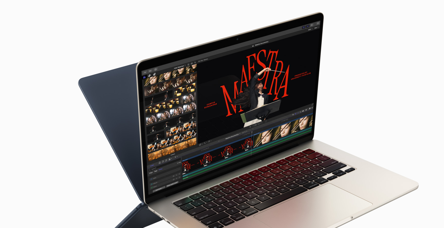 Ein MacBook Air zeigt Videobearbeitung in Final Cut Pro, um die Fähigkeiten des M4 Chip zu demonstrieren – die Rückseite eines zweiten MacBook Air erscheint hinter dem ersten, ähnlich einem Spiegelbild