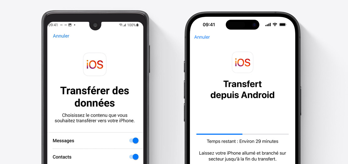 Écrans d’un téléphone Android et d’un iPhone 16 affichant le transfert de données