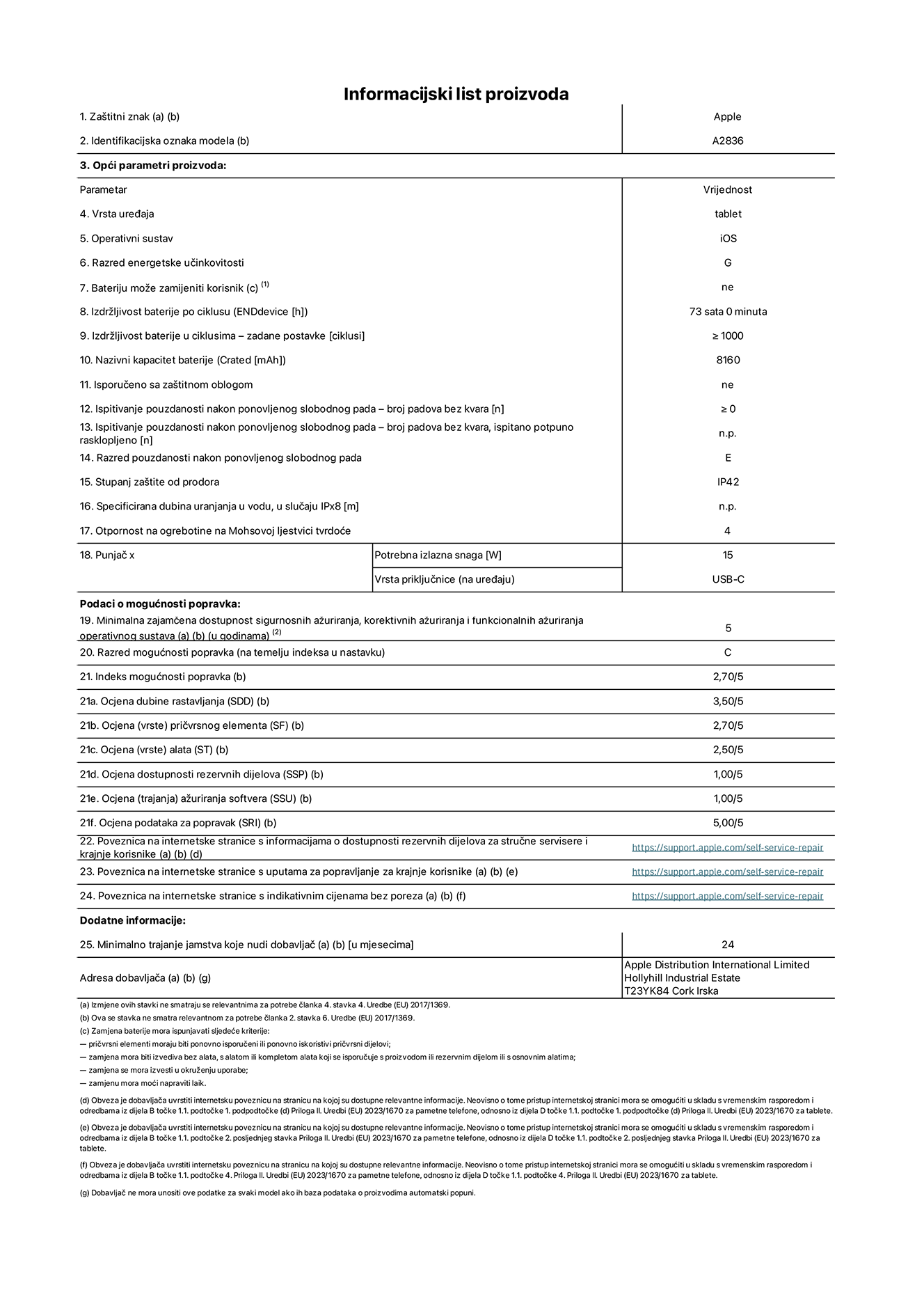 List s informacijama o proizvodu za 11-inčni iPad Wi-Fi, model A2836. Isporučuje Apple Distribution International Ltd, Hollyhill Industrial Estate. Cork, Irska T23 YK84. Vrsta uređaja: tablet. Operacijski sustav: iOS. Klasa energetske učinkovitosti: G. Baterija koju može zamijeniti korisnik: ne. Trajanje baterije: 73 sata. Trajanje baterije u ciklusima: ≥ 1000. Nazivni kapacitet baterije: 8160 mAh. Test pouzdanosti ponavljanim slobodnim padovima – padovi bez kvarova: ≥ 0. Klasa pouzdanosti pri ponavljanim slobodnim padovima: E. Ocjena zaštite od prodiranja: IP42. Otpornost na grebanje zaslona na Mohsovoj ljestvici tvrdoće: 4. Potrebna izlazna snaga punjača: 15 W. Tip utičnice punjača: USB-C. Minimalna zajamčena dostupnost sigurnosnih ažuriranja operacijskog sustava, korektivnih ažuriranja i ažuriranja funkcionalnosti: 5 godina. Klasa popravljivosti: C. Indeks popravljivosti: 2,70/5. Ocjena dubine rastavljanja: 3,50/5. Ocjena pričvrsnih elemenata: 2,70/5. Ocjena alata: 2,50/5. Ocjena rezervnih dijelova: 1,00/5. Ocjena ažuriranja softvera: 1,00/5. Ocjena informacija o popravcima: 5,00/5. Internetska poveznica prema informacijama o dostupnosti rezervnih dijelova za profesionalne servisere i krajnje korisnike: https://support.apple.com/self-service-repair. Internetska poveznica prema uputama za popravljanje za krajnje korisnike: https://support.apple.com/self-service-repair. Internetska poveznica prema indikativnim cijenama prije poreza: https://support.apple.com/self-service-repair. Ponuđeno je 24-mjesečno općenito jamstvo.