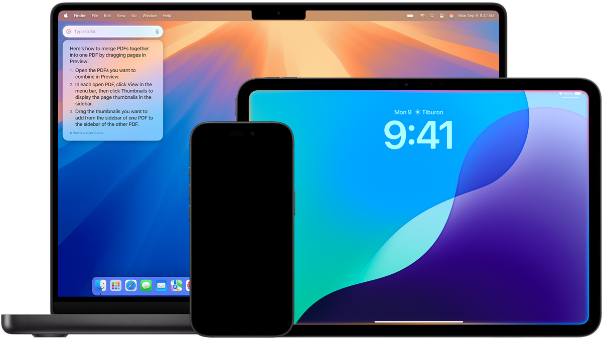 أجهزة Mac وiPad وiPhone معروضة مع ميزات Siri الجديدة المدعومة بنظام Apple Intelligence
