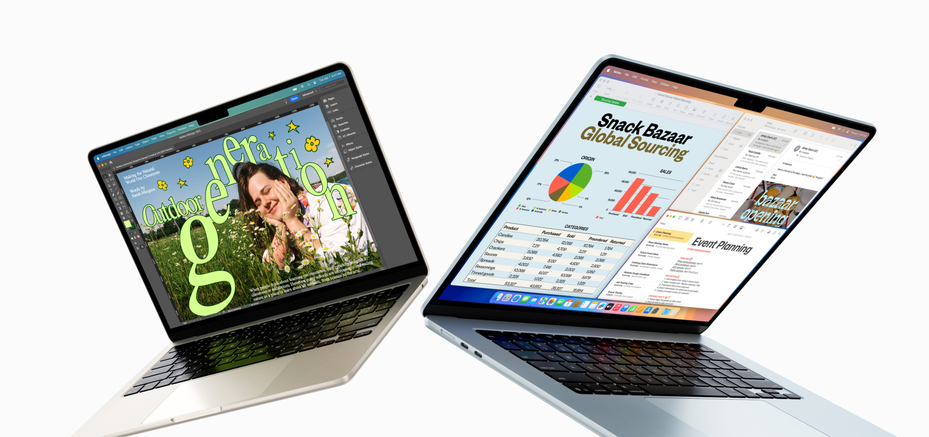 呈半開合狀態的 13 吋及 15 吋 MacBook Air，其中一部畫面顯示設計中的作品，另一部則顯示在電郵和試算表之間的多工處理