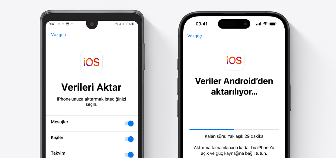 Android ekranı ve iPhone 16 ekranı veri aktarımını gösteriyor