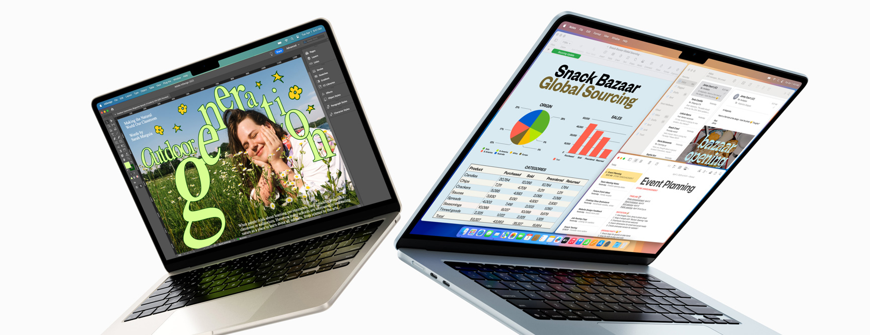 半開的 13 吋與 15 吋 MacBook Air,其中一個螢幕展示進行中的設計作品,另一個螢幕展示在電子郵件和試算表之間進行多工處理