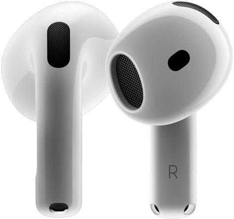 Kaks AirPods 4 kõrvaklappi üksteise ümber keerlemas ja erinevate nurkade all peatumas.