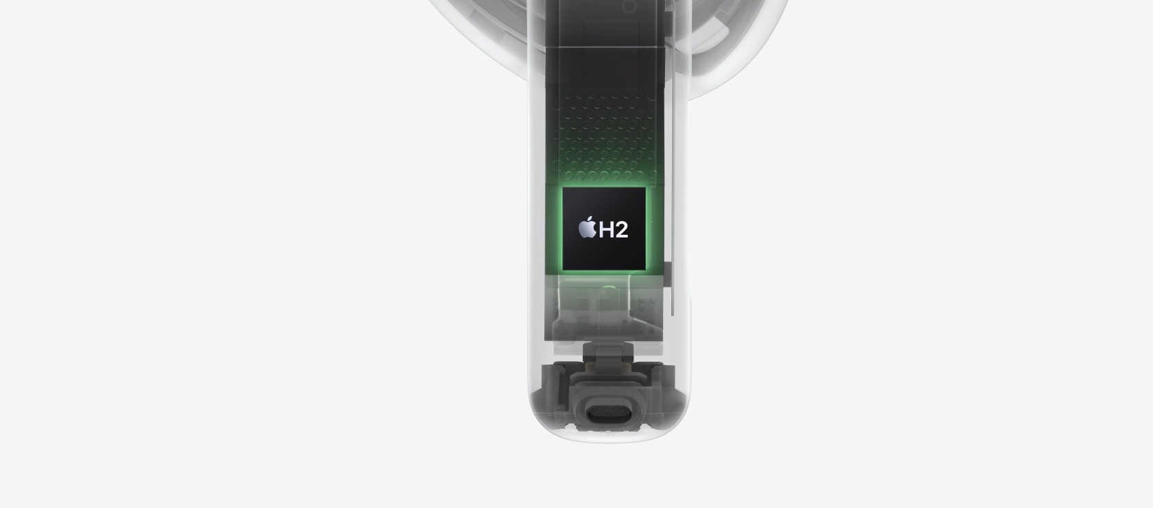 La puce H2 mise en évidence à l’intérieur de la tige d’un AirPod 4.
