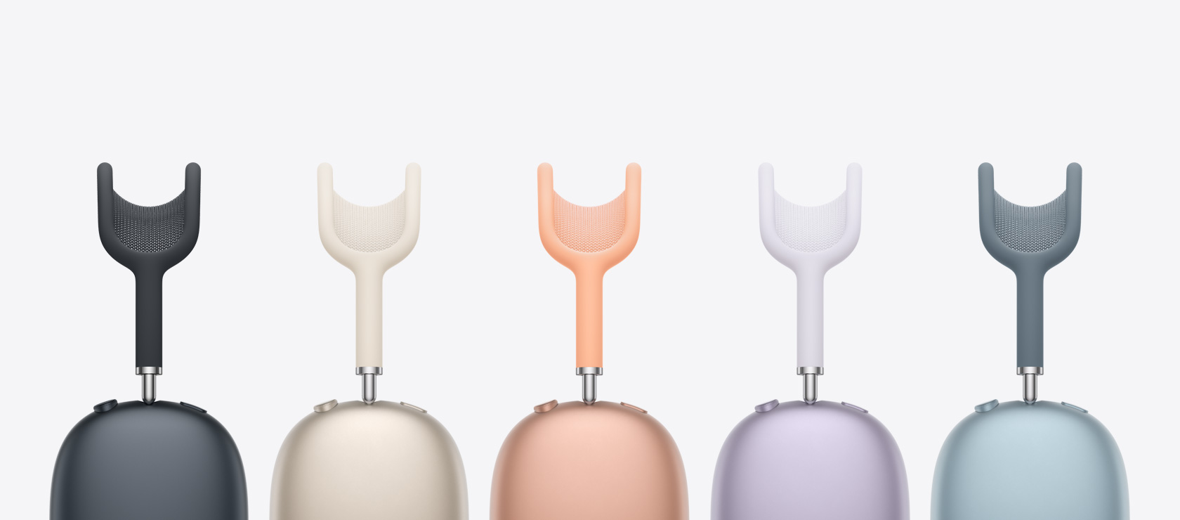 AirPods Max külgvaade - värvideks öösinine, tähevalge, oranž, lilla ja sinine.