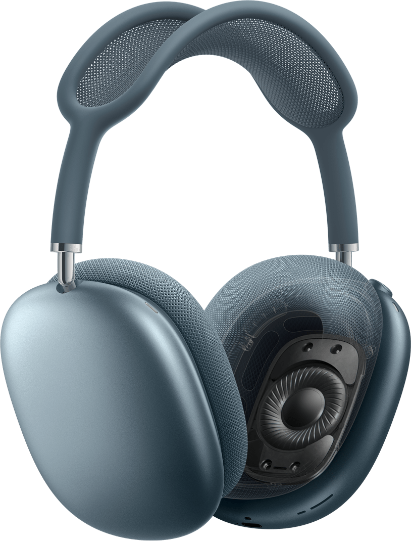 AirPody Max pod tříčtvrtečním úhlem. Řez levým náušníkem odhalující technologii skrytou uvnitř.