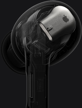 Gros plan de l’architecture des AirPods Pro 2 mettant en évidence l’embout auriculaire en silicone à isolation phonique