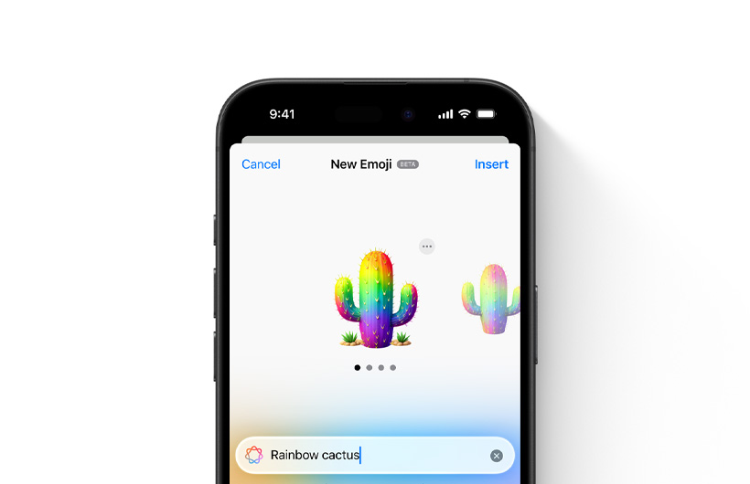 Egyedi Genmoji előnézete parancs alapján, szivárványos kaktusz