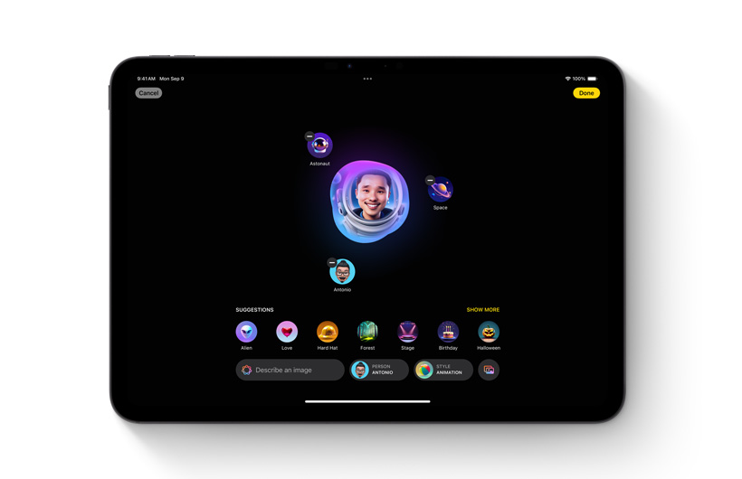 Az Image Playground app egy iPaden. A középpontban lévő egyedi képet ötletek és kulcsszavak veszik körül.
