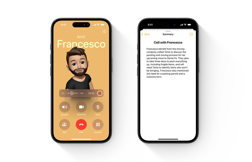 A Telefon app hívás közben, az új rögzítési funkcióval. Egy másik iPhone-on a hívás élő hangátirat alapján készített összefoglalója látható.