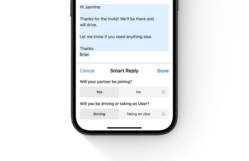 Az Intelligens válasz Mail alkalmazásbeli lehetőségei egy iPhone-on.