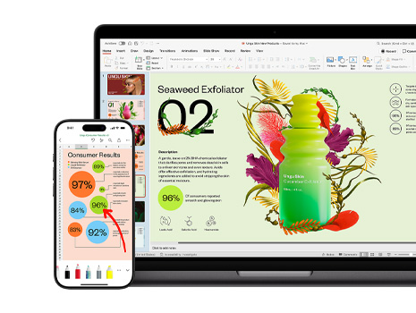 Un Mac et un iPhone affichant différentes sections d’une présentation, richement illustrée et colorée, au sujet d’un produit de soin pour la peau.
