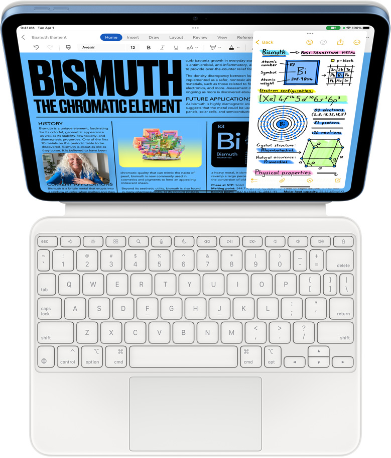 iPad, das an einem Magic Keyboard Folio befestigt ist, der Bildschirm zeigt Slide Over mit Microsoft Word und Notizen, gleichzeitig findet ein Anruf mit FaceTime statt