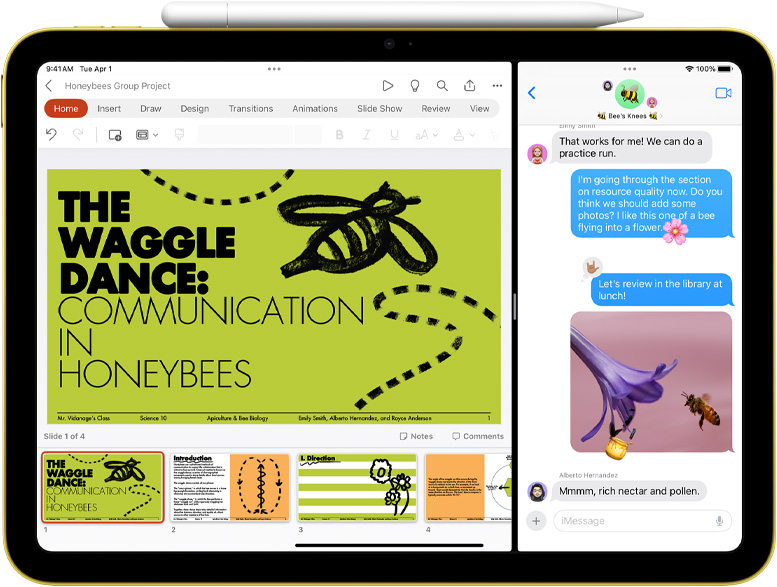 Split View von PowerPoint und Nachrichten auf dem iPad, an dem der Apple Pencil magnetisch haftet.