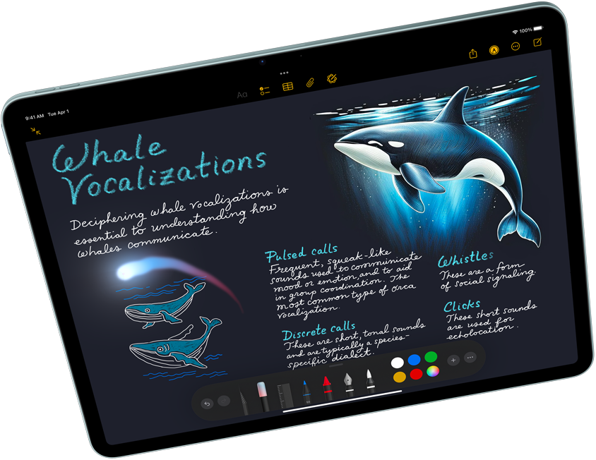 iPad Air v orientaci na šířku s Apple Pencilem Pro, na obrazovce je Apple Intelligence s Image Playground v Keynotu