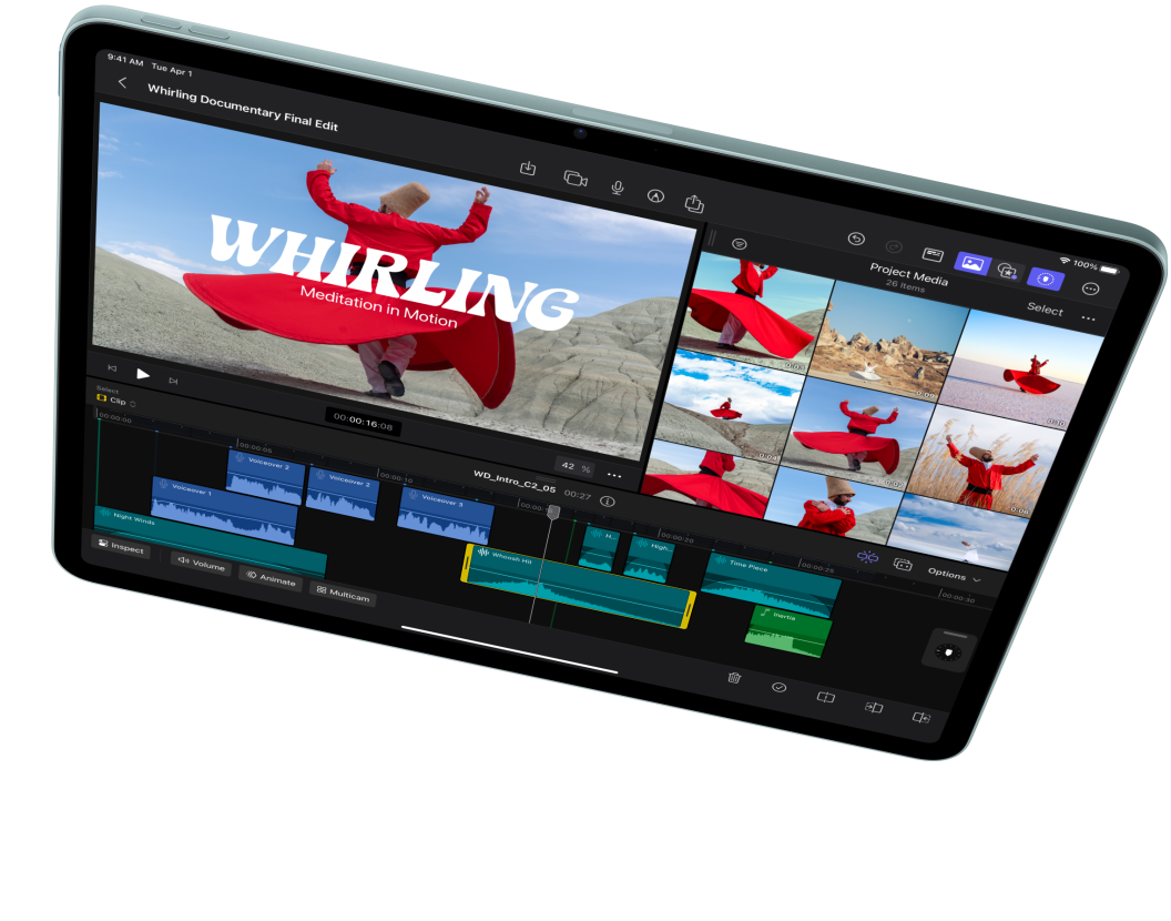 iPad Air v orientaci na šířku, na obrazovce je vidět upravování videa ve Final Cutu Pro