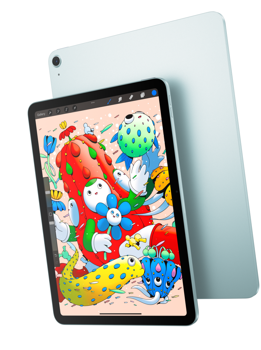 Esikülg, 11-tolline iPad Air, millel näidatakse rakendust Procreate, ja mis kattub sinise iPad Airi tagaküljega