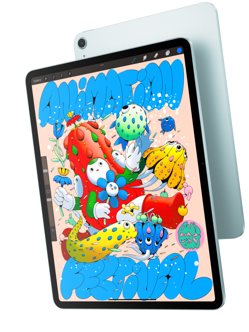 Pohled zepředu na 13palcový iPad Air s otevřenou aplikací Procreate, který překrývá zadní stranu modrého iPadu Air