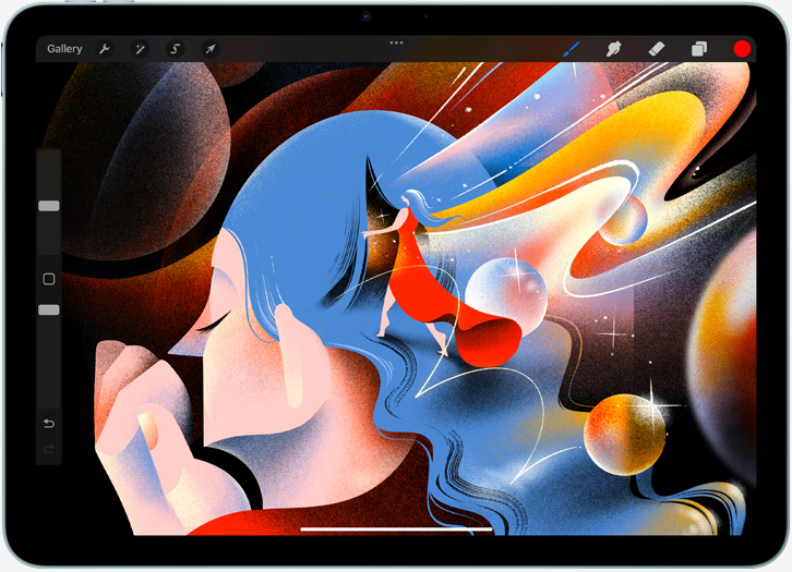 iPad Air, orientace na šířku, na obrazovce je ilustrace v aplikaci Procreate