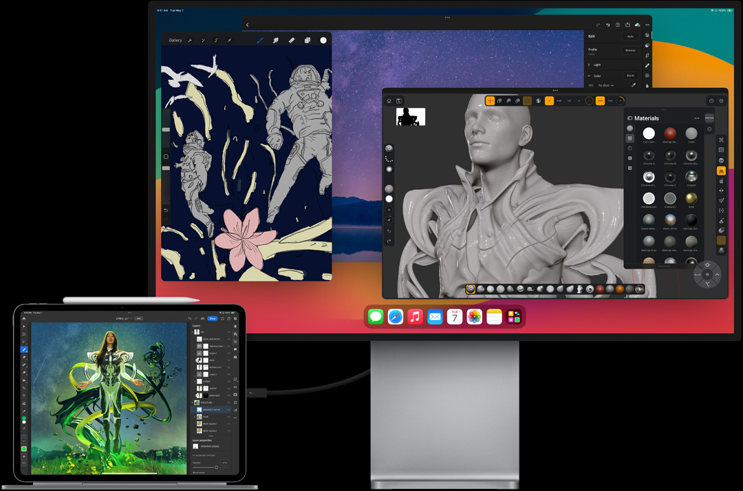 iPad Pro připnutý k Magic Keyboardu v orientaci na šířku, připojený k externímu monitoru, na obou obrazovkách probíhají úpravy obrázků