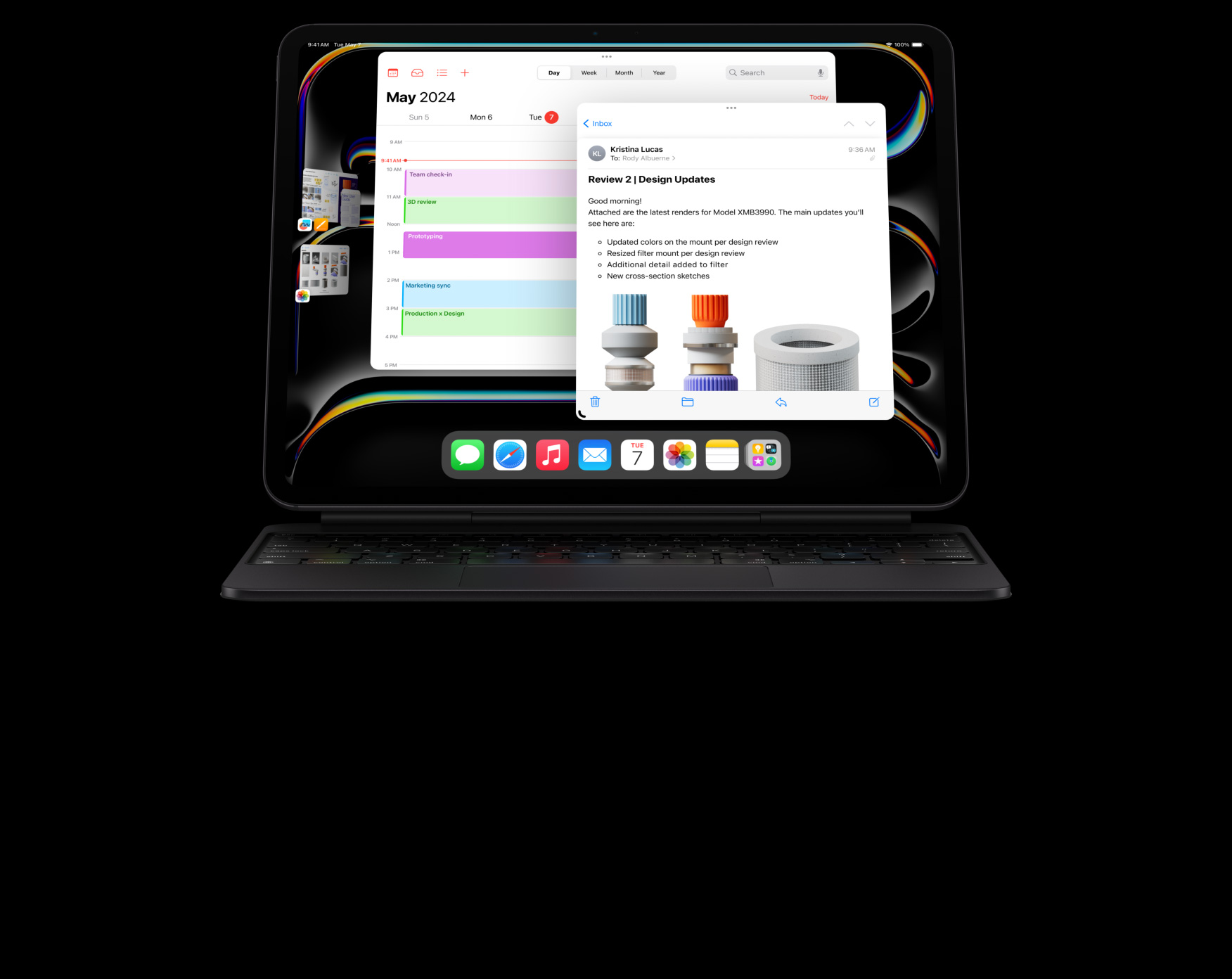 iPad Pro připnutý k Magic Keyboardu v orientaci na šířku, uživatel pracuje v několika otevřených aplikacích současně