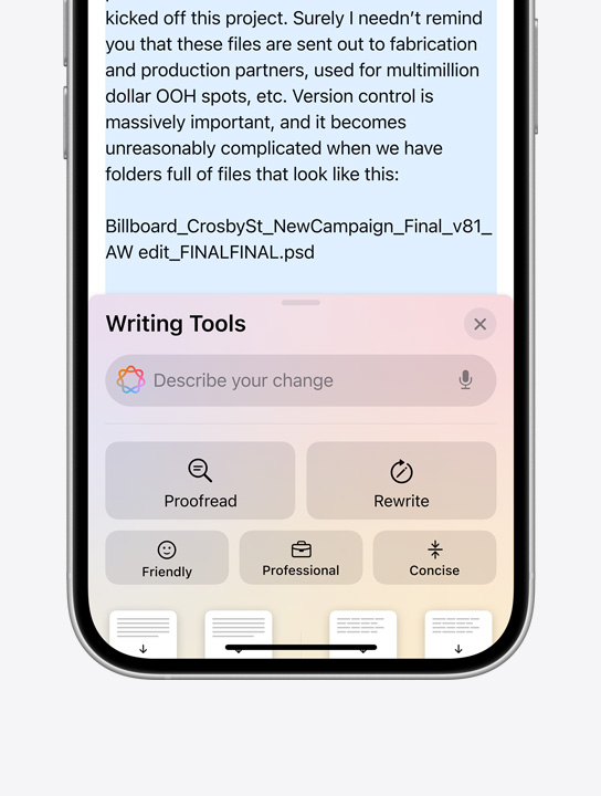 Apple Intelligence'i Writing Tools käsklused iPhone 16 Pro mudelil.