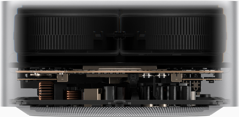 Masse des Mac Studio mit einer Breite von 19,7 cm und einer Höhe von 9,5 cm