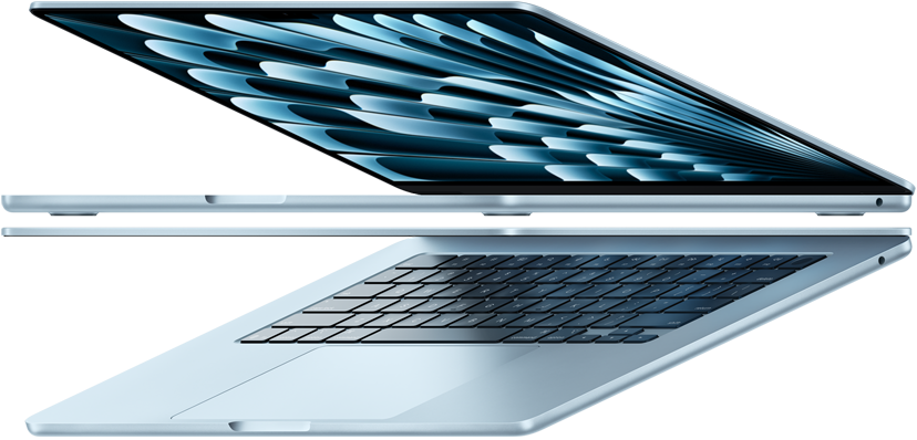 Zwei geöffnete MacBook Air Laptops in der Farbe Himmelblau bilden die Form eines Pfeils, um das dünne Profil zu zeigen