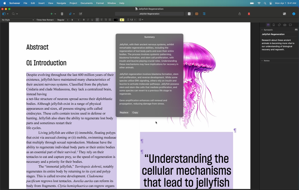 Použití funkce Nástroje na psaní Apple Intelligence – shrnutí části vědeckého článku o medúzách do několika krátkých odstavců