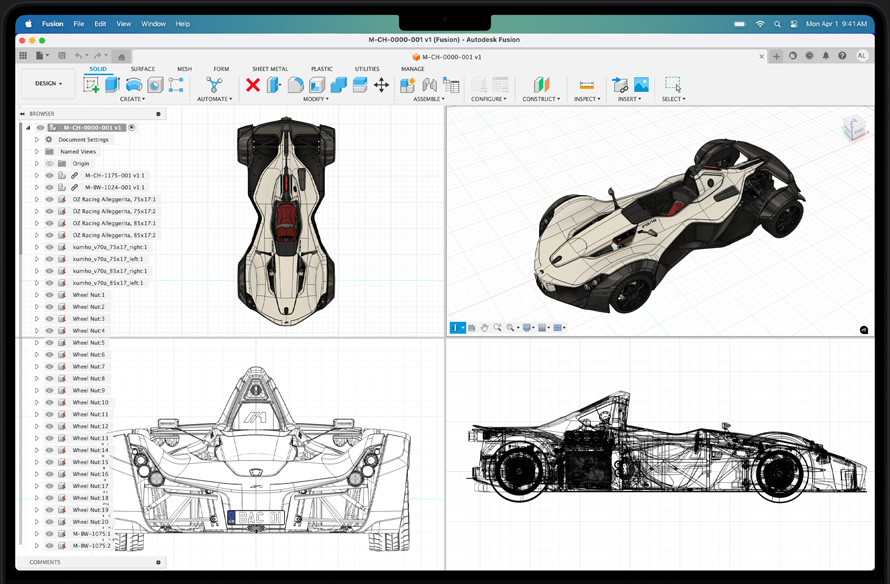 Model závodního vozu v aplikaci Autodesk Fusion