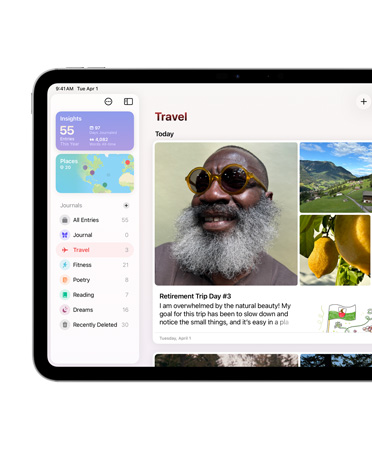 iPad na horizontal, o lado esquerdo da tela mostra o app Diário.