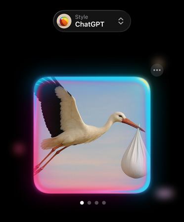  Tela do Genmoji com a imagem de uma cegonha fotorrealista carregando um saco de pano no bico, mostrando opções de estilos customizados de imagem do ChatGPT
