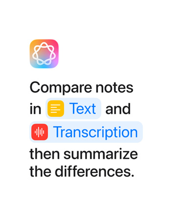 Exemplo no app Atalhos com a mensagem Compare as notas de Texto com a Transcrição e resuma as diferenças, com as palavras "Texto" e "Transcrição" destacadas em azul