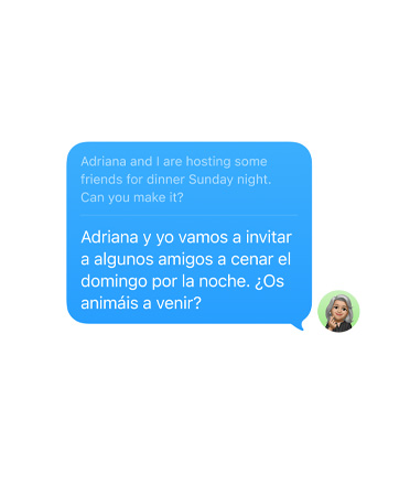 Tradução ao Vivo no Mensagens com a  mensagem de texto em inglês “Adriana and I are hosting some friends for dinner Sunday night. Can you make it?” traduzida automaticamente para o espanhol.