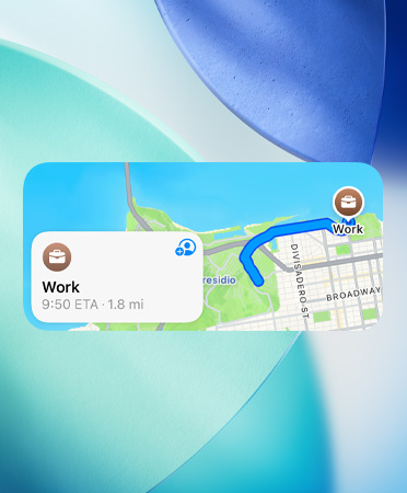 Widget do Mapas mostrando o novo planejador de rotas preferidas, com detalhes de tráfego, horário de chegada e duração do percurso.