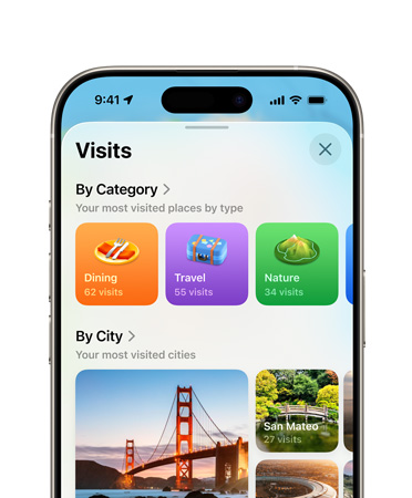 iPhone, apenas a metade superior, a tela mostra o recurso Locais Visitados no app Mapas, incluindo Categorias e Cidades.